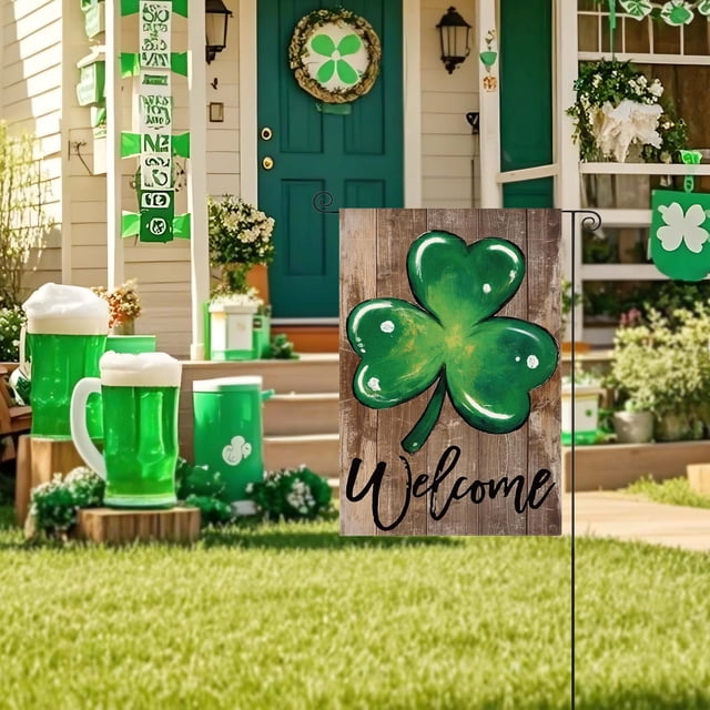 Xihbxyly Bandera de Jardín Del Día de San Patricio, Diseño de Trébol de Cuatro Hojas, Lino Duradero, Fácil Instalación, Decoración de Exteriores, Espíritu Navideño, Perfecta para Jardín o Patio, Tama