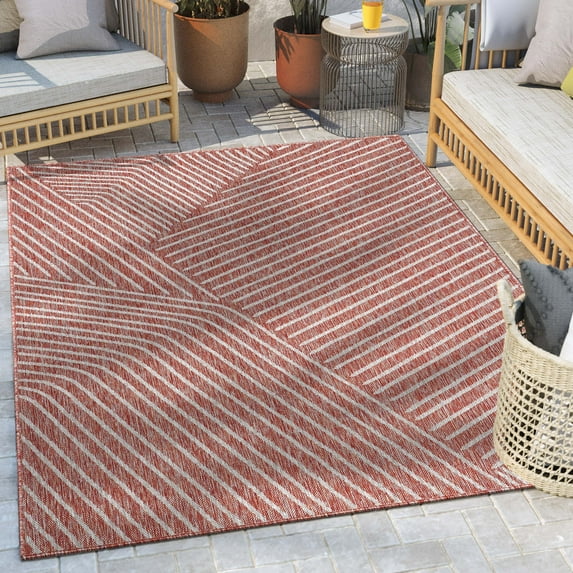 Well Woven Linden Red Indoor/Outdoor Stripes Geometric 5x7 (5'3" x 7'3") Area Rug