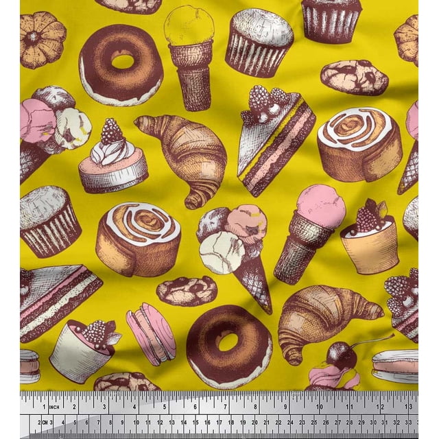 Soimoi Modal Satin Fabric Cupcake,Donut & Cookies Food Decor Fabric Printed Yard 42 Inch Wide