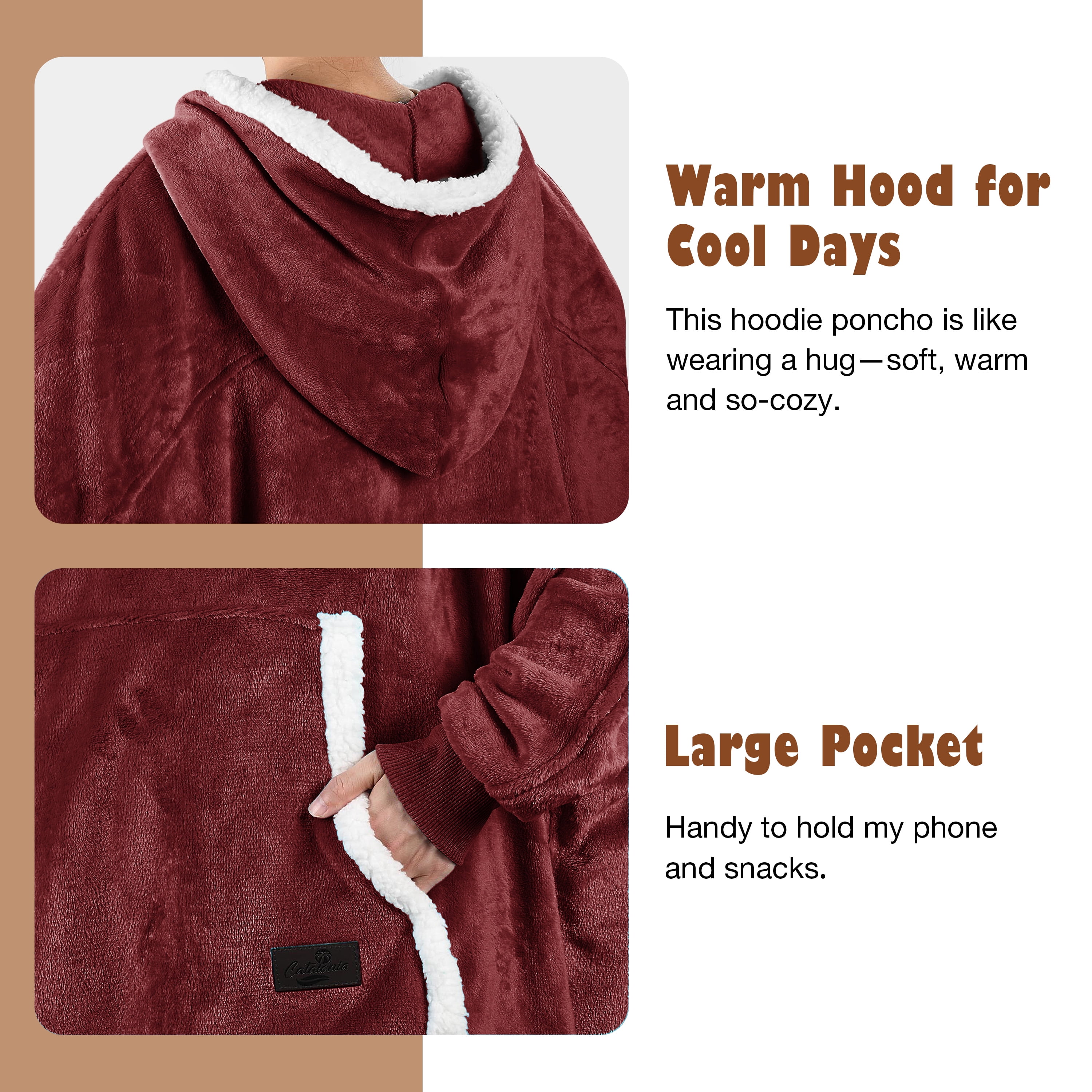 Catalonia Oversized Hooded Poncho Throws Cape, Casual Hoodie Sweatshirt, 2.33 Lbs for All Ages