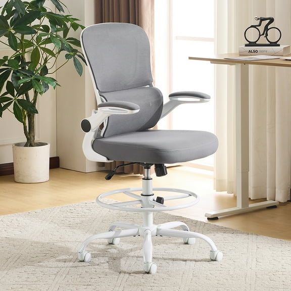 Ktaxon Drafting Tall Office Chair with Flip-up Armrests, Adjustable Rolling Chair with Lumbar Support and Footrest, Breathable Mesh, Gray