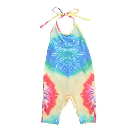 

Toddler Little Girls Fashion Tie Dye Print Halter Neck Jumpsuit Loose Casual Backless Romper for Summer