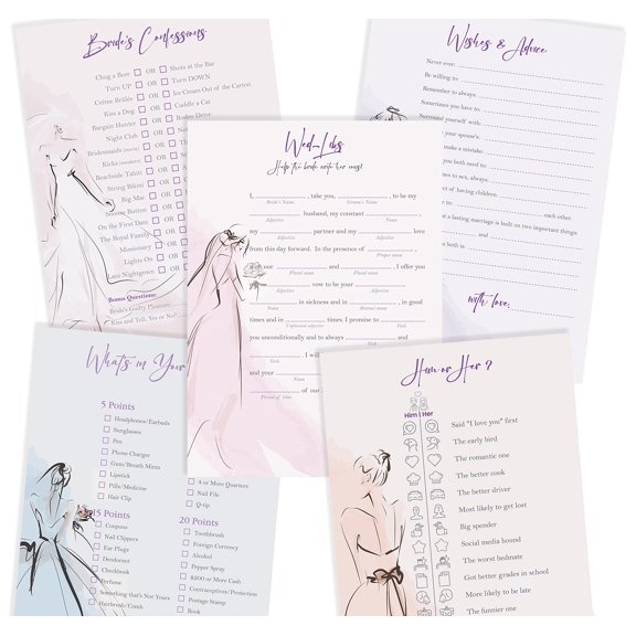 Better Office Products Bridal Shower Games for 50 Guests (250 Cards), 5 x 7 in, Set of 5 Bridal Games, 5 Fun Game Activities, Assorted Elegant Bridal Sketch Designs,