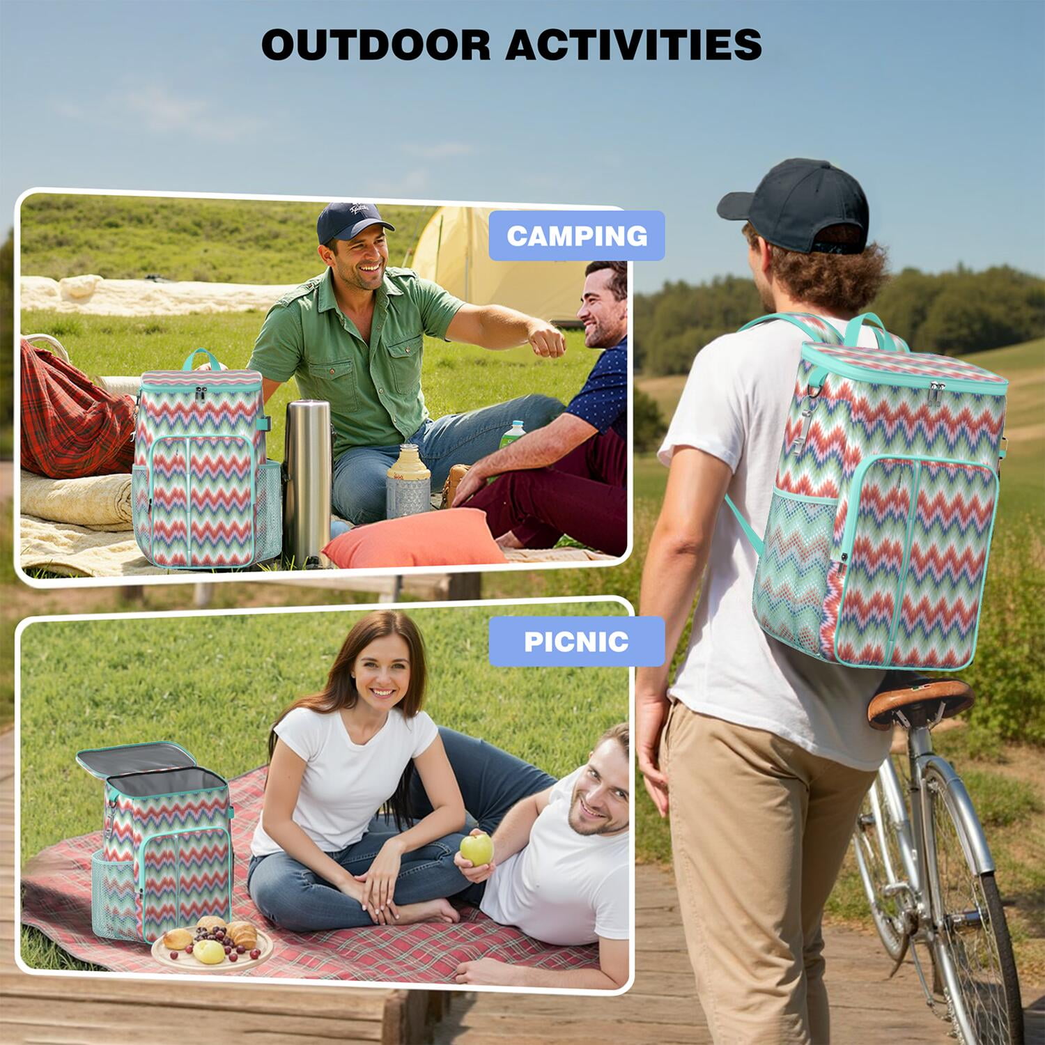 Travel Cooler Bag - Boho Bohemia Pioneer Flower Geometric Line Art Camping Beer Cooler Backpack with Bottle Opener- Waterproof Insulated Picnic Backpacks - Cooler Bag for Beach