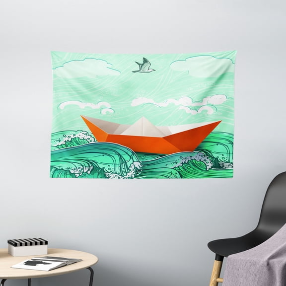 Ocean Tapestry, Navy Sealife with Waves and a Paper Sail Ship with Travel Quote Image, Wall Hanging for Bedroom Living Room Dorm Decor, 60W X 40L Inches, Orange Sky Blue and White, by Ambesonne