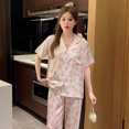 thumbnail image 4 of Pijama de verano de manga corta y pantalón largo para mujer, estilo minimalista, fino y a la moda, de dos piezas, de satén y seda., 4 of 6