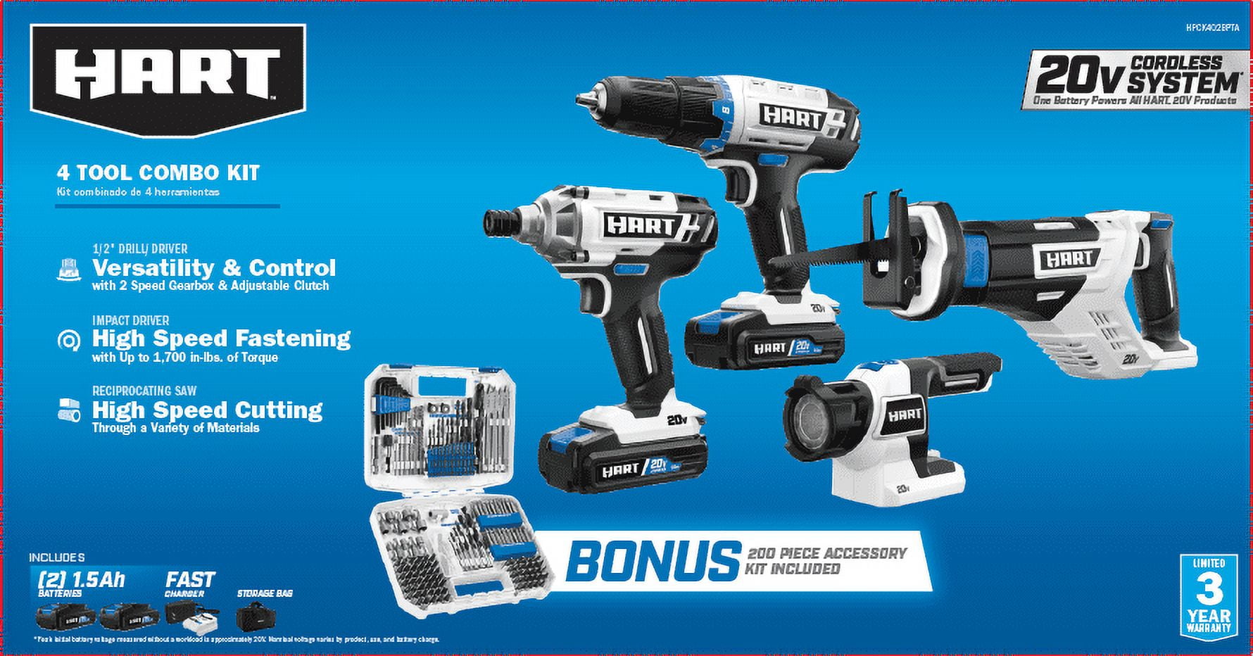 HART 4-Tool Combo Kit with 200-Piece Drill and Drive Bit Set