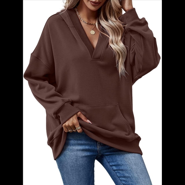 Sudadera con Capucha para Mujer, Cuello en V, para Invierno y Otoño. Color Café XXL