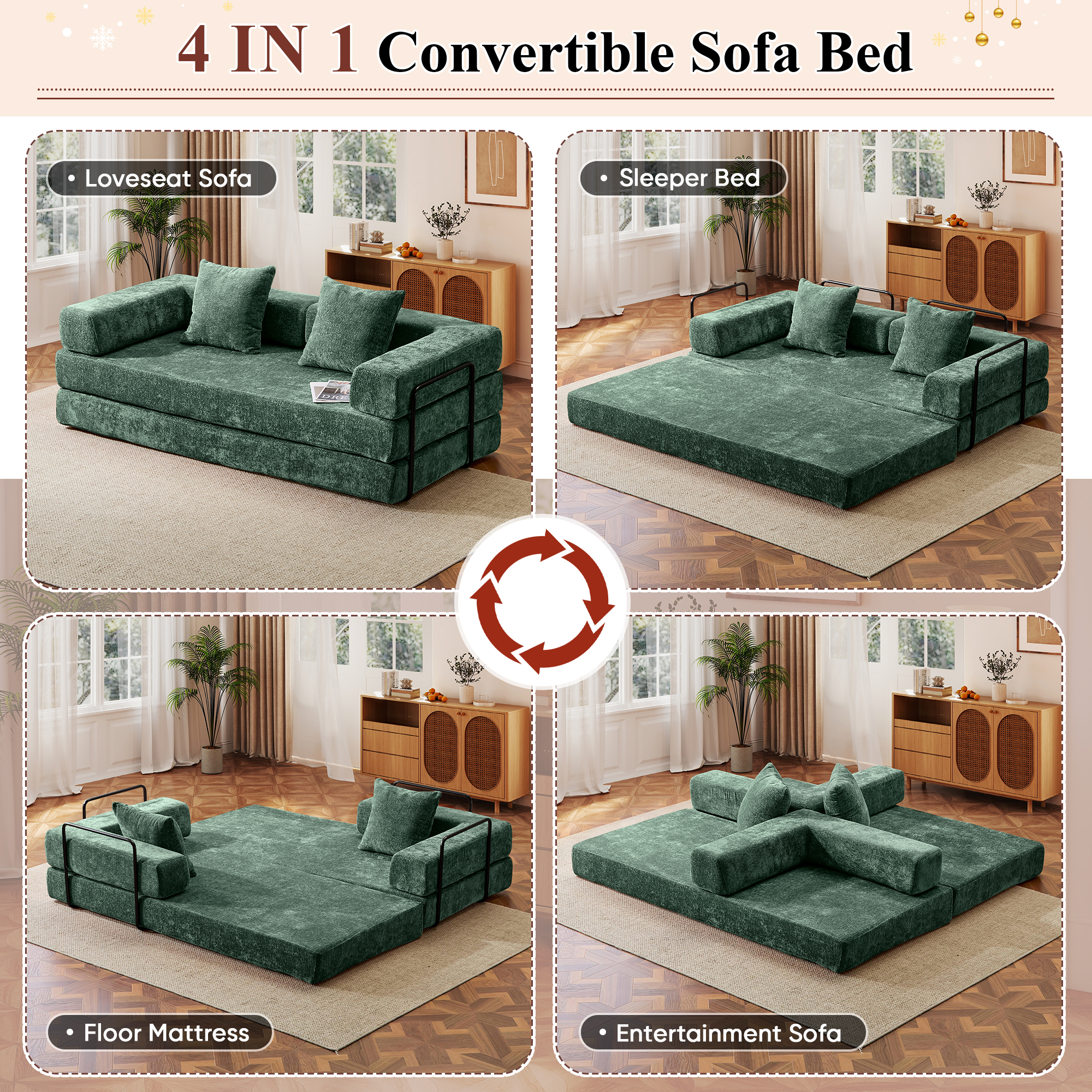 Timbernest 76.8" Folding Sofa Bed, King Size Convertible Sleeper Sofa with 2 Pillows, Chenille Floor Sofa for Living Room, Small Spaces, Dark Green