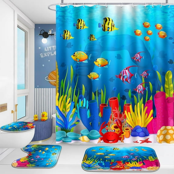 4 Pcs Bathroom Shower Curtain Set,Kid's Bathroom Set,Shower Curtain Sets with Rugs(Bath Mat,U Shape and Toilet Lid Cover Mat) and 12 Hooks,Under The Sea-02