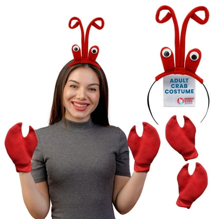 Nicky Bigs Novelties - Lobster Headband with Eyeballs, Adult Crab Costume Women and Men, Crawfish Headband and Claws, Crab Gloves Crawfish Hat Lobster Halloween Costume Set Red, One Size