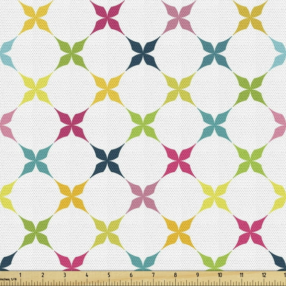 Ambesonne Colorful Fabric by the Yard Upholstery, Floral Stars Lattice Round, 2 Yards, White and Multicolor