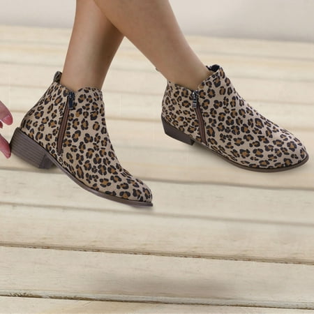

TALKVE Fashion Autumn Women Ankle Boots Heel Low Heel Side Zipper Leopard Print Casual Comfortable
