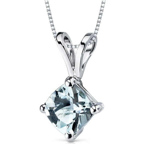 PEORA Solid 14K White Gold Aquamarine Pendant for Women, Genuine Gemstone Solitaire, 0.75 Carat Cushion Cut, 6mm