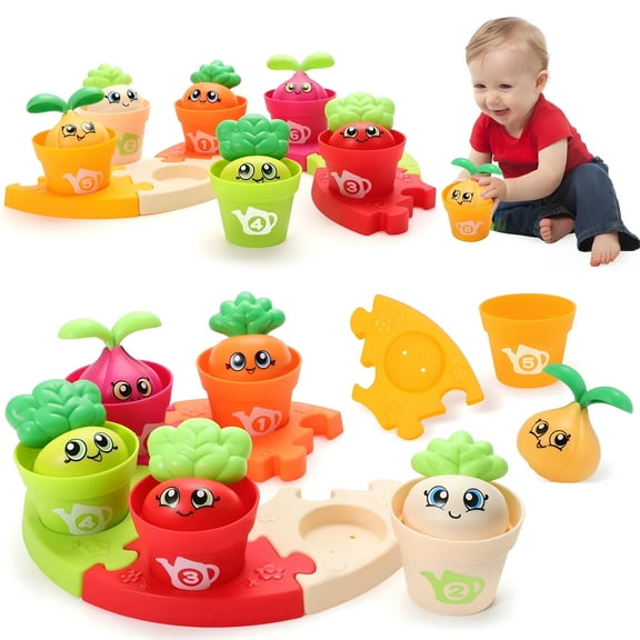 MOONTOY Baby Montessori Stacking Toys Learning Toys for 1   Year Old 18pcs Plant Flower Pots & Puzzles Set, Color Sorting Toys for Toddlers 1-3, Birthday Gifts for 2 Year Old Girls Boys