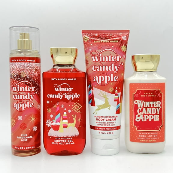 Bath and Body Works Winter Candy Apple 8oz Fine Fragrance Mist, 10oz Shower Gel, 8oz Body Cream and 8oz Body Lotion 4-Piece Bundle