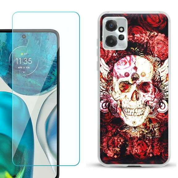 OneToughShield ® for Motorola Moto G Power 5G 2023 Shockproof Fashion Phone Case, with Tempered Glass Screen Protector - Rose Skull
