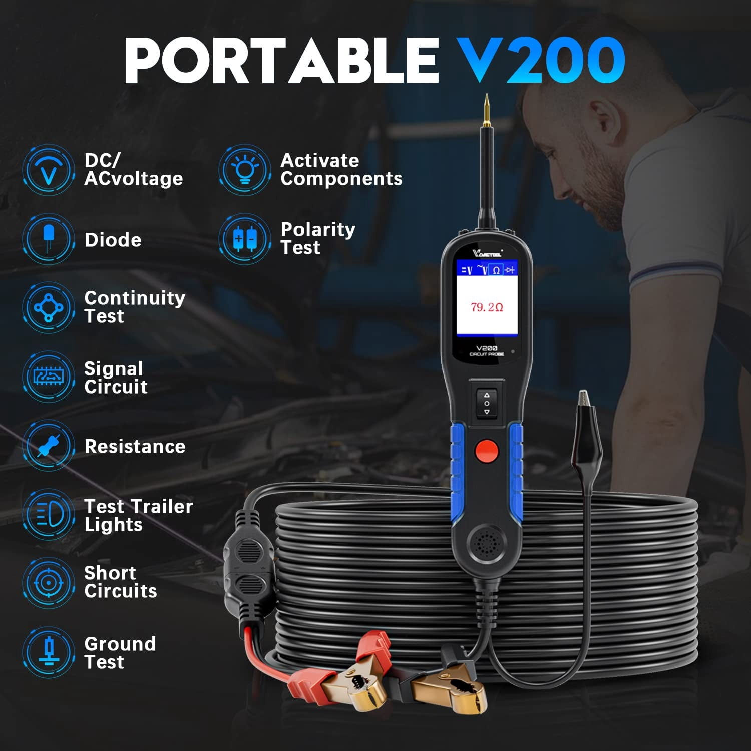 VDIAGTOOL Automotive Power Probe Circuit Tester, 12V/24V Fuse Tester Kit, Electrical Relay Tester Diagnostic Tool with AC/DC Voltage, Resistance, Diode Test, 20+20Ft Cable Blue