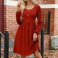 thumbnail image 2 of WTOBBY Women's Fashion Round Neck Casual Slim Solid Waist Long Sleeve Dresses - Elegant and Fitted Dress with Waist Accent, Perfect for Slimming Silhouettes or Office Wear,Red L, 2 of 5