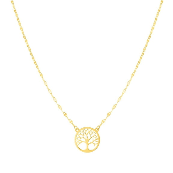JewelStop 14k Yellow Gold Diamond Cut/ Textured Finish 1.2mm Tree of Life on Mirror Chain Necklace with Spring Ring Clasp - 18"