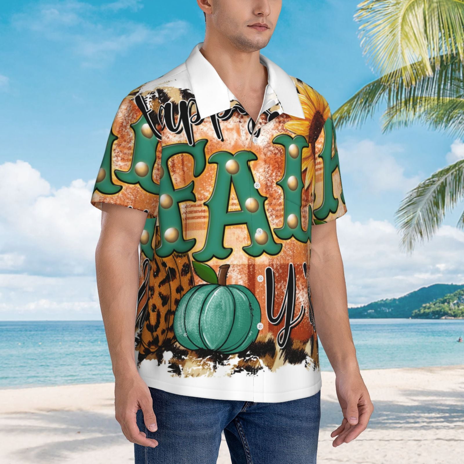 Rateoe Happy Fall Y'All Pattern Men’s Hawaiian Shirt – Short Sleeve Button-Down Tropical Beach Shirt, Lightweight & Breathable Casual Aloha Shirt with Pocket,XX-Large