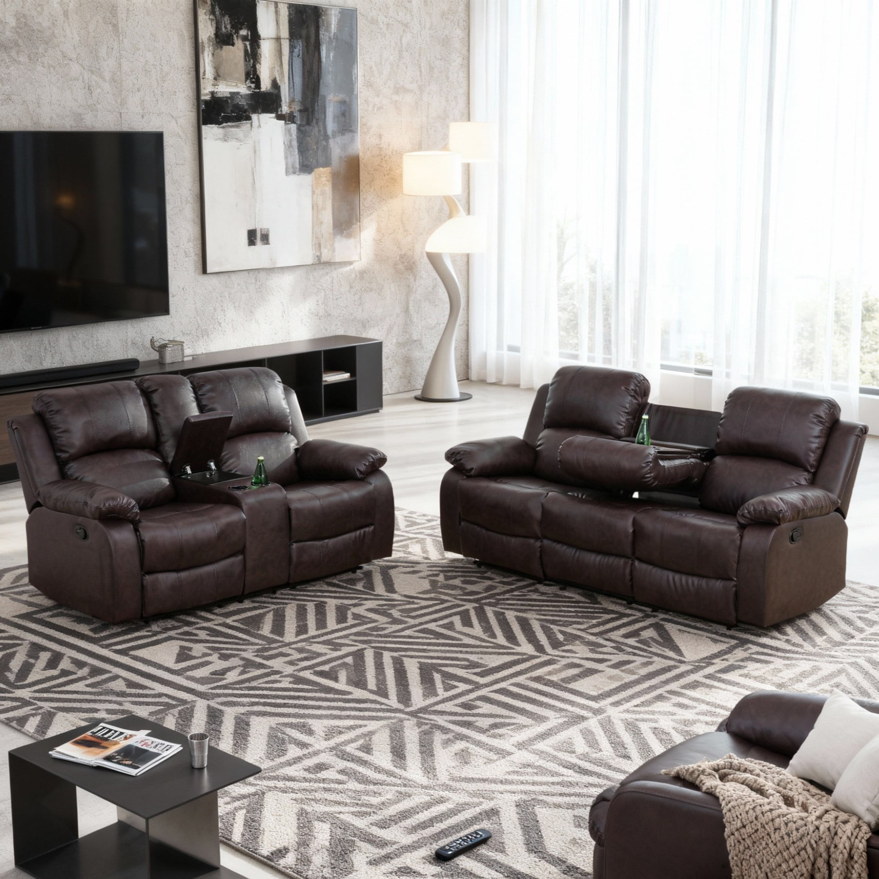 Gewnee Brown 2-Piece Living Room Air Leather Recliner Sofa Set with Console & Cup Holders