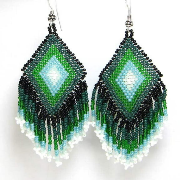 Handmade Beaded Green Seed Bead drop dangle Earrings