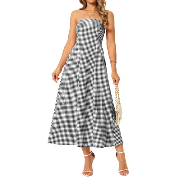 DARING DIVA Women's Gingham Strapless Maxi Summer Casual Sundress S Black