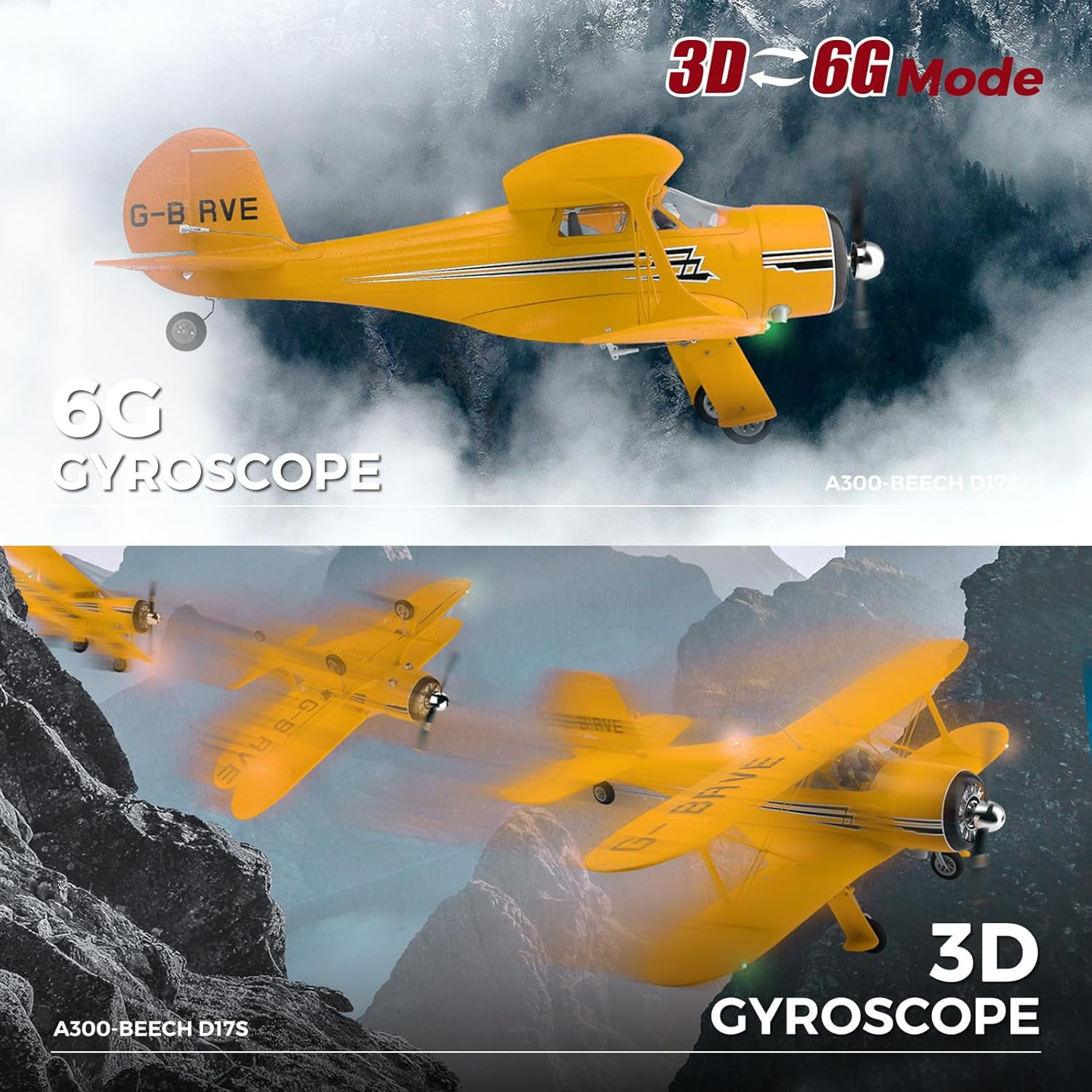 Bruce&Shark RC Plane WLtoys A300 4-Ch, Beechcraft D-17 RC Airplanes with Lights, 6G/3D Brushless RC Planes with 2 Batteries, 2.4G Remote Control RC Airplanes Gifts for Adults
