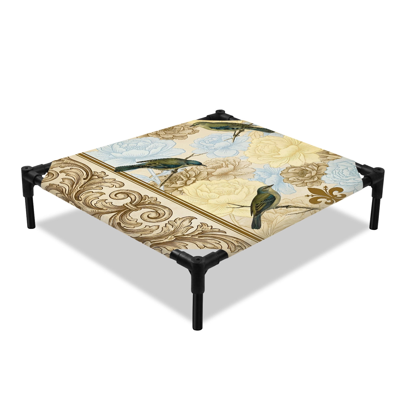 Vintage Floral Birds Elevated Dog Bed Country Blue Yellow Beige Flowers Plaid Cooling Breathable Outdoor Raised Dog Cot Bed with Metal Frame Non-Slip Feet for Small Dog 20x20in