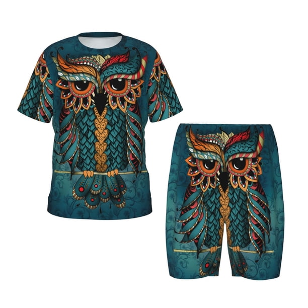 Fotbe Owl In Blue Pijama Estampada de 2 Piezas para Niños – Ropa de Dormir de Manga Corta Cómoda para Niños y Niñas, Camiseta y Shorts de Algodón-Large