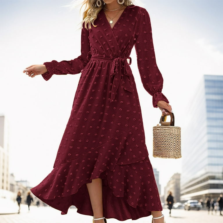 XIANPG Women Autumn Winter Dress Dress V Neck Long Sleeve Flowy Dress Casual Dresses