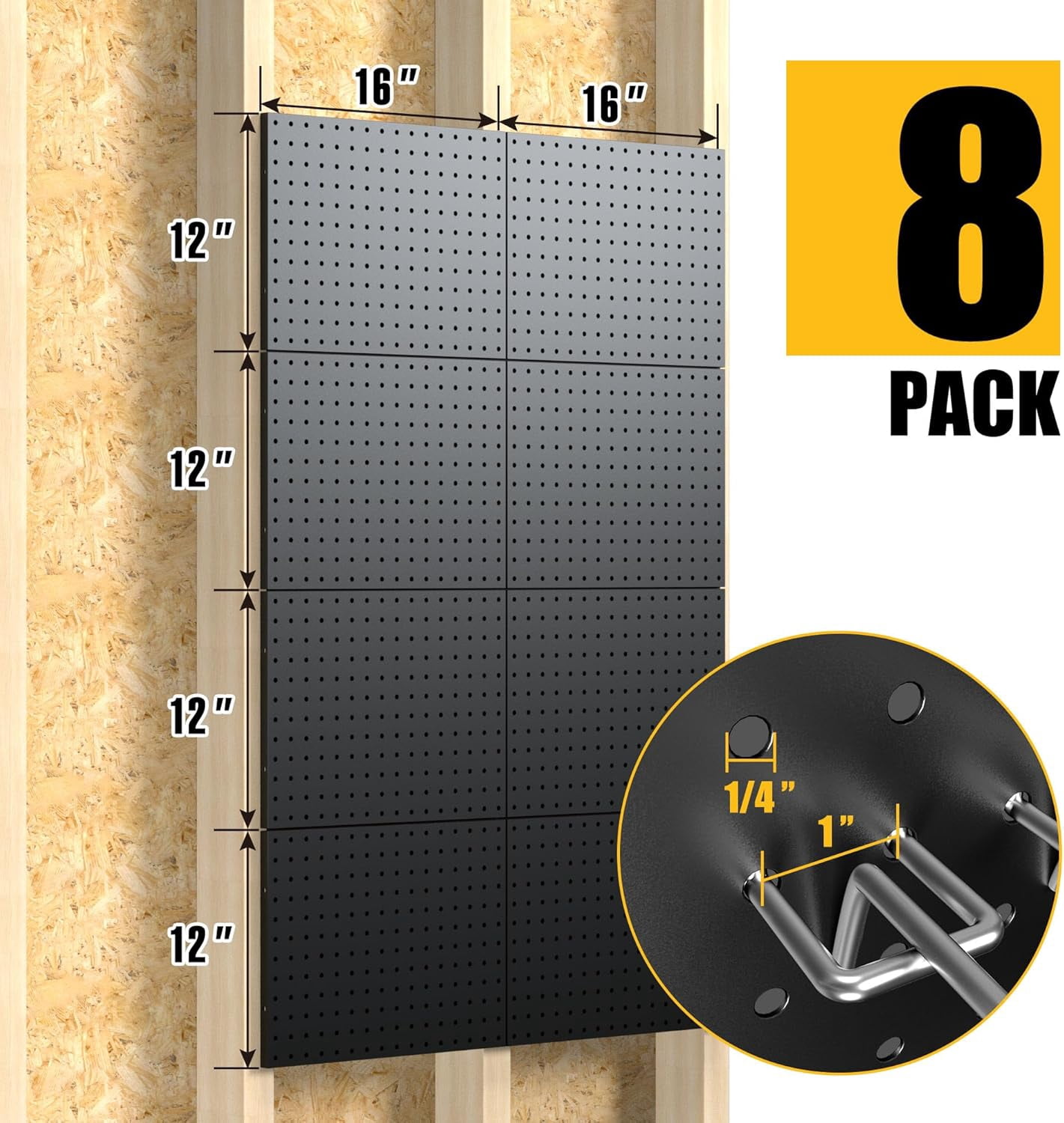 Peg Board, 8 Pack Metal Pegboard Panels with 50 Hooks, Black Pegboards Wall Organizer, Heavy Duty Peg Board for Walls Home, Garage Tool Storage, Office Organization, Craft Room, Kitchen