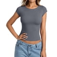 thumbnail image 2 of Short Sleeve Top for Women Slim Fitted Crewneck T Shirts Stretchy Bodycon Basic Tee Tops Grey,M, 2 of 4