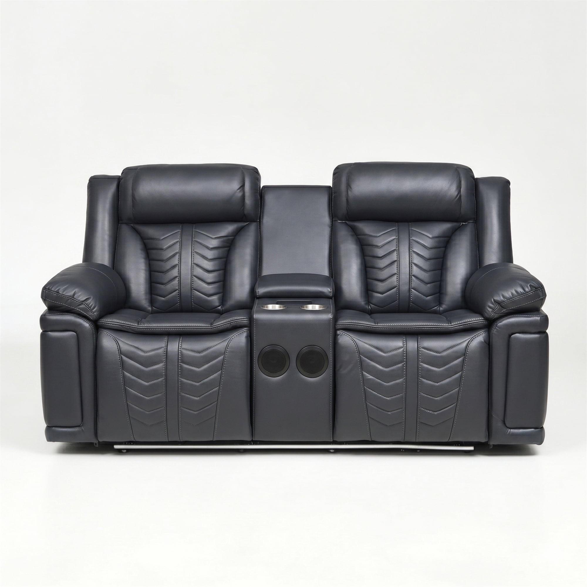 Electra Luxury Power Reclining Loveseat - Dark Grey Faux Leather Motion Console Couch with Built-In Bluetooth Speakers, Storage, Cup Holders, and Cinematic LED Lighting