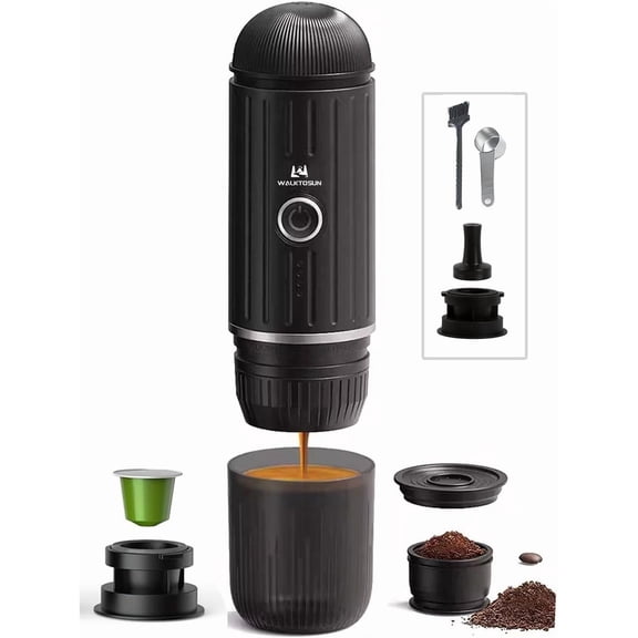 Portable Espresso Coffee Maker Electric Expresso Maker Self Heating Battery Powered, 19 Bar Pressure, Coffee Machine with Ground Coffee & NS Capsule forTravel,Camping,RV,Hiking,Office(Black)
