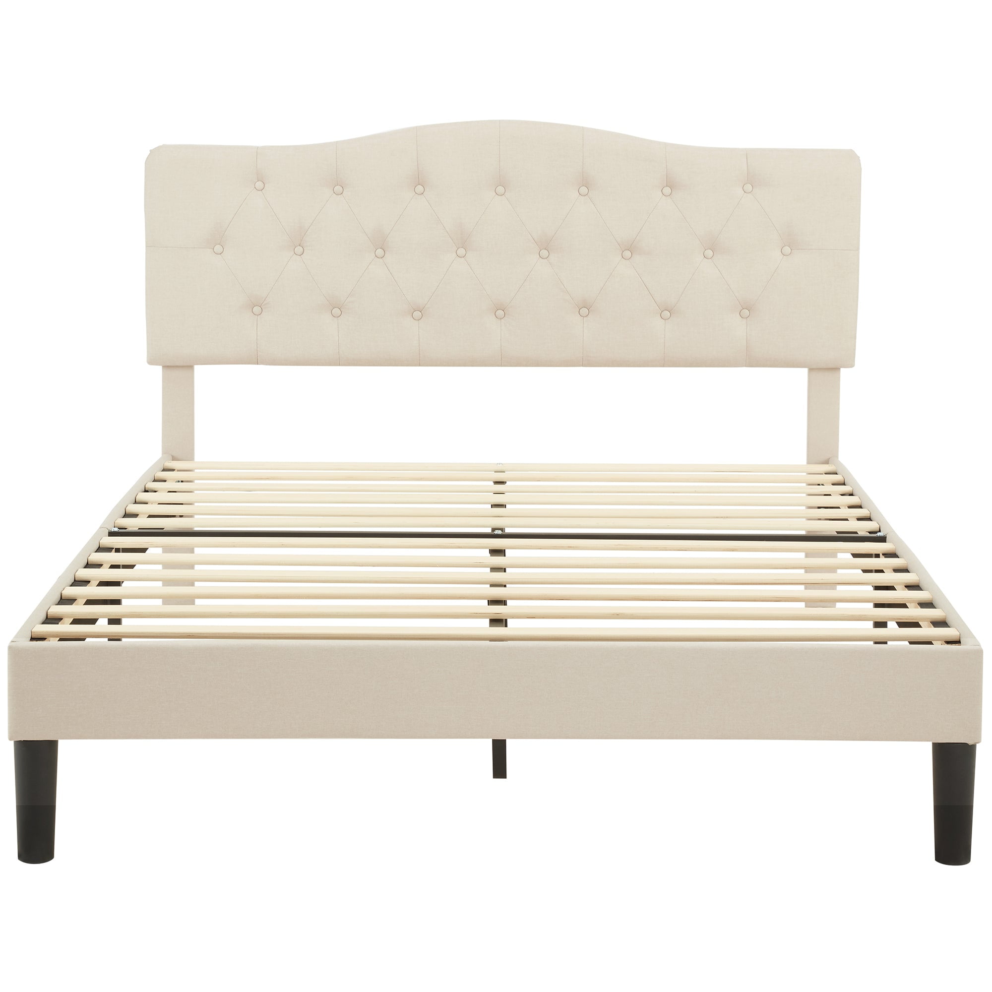 VECELO Queen Upholstered Platform Bed Frame with Diamond Tufted Adjustable Headboard, Wooden Slats Support, No Box Spring Needed, Beige