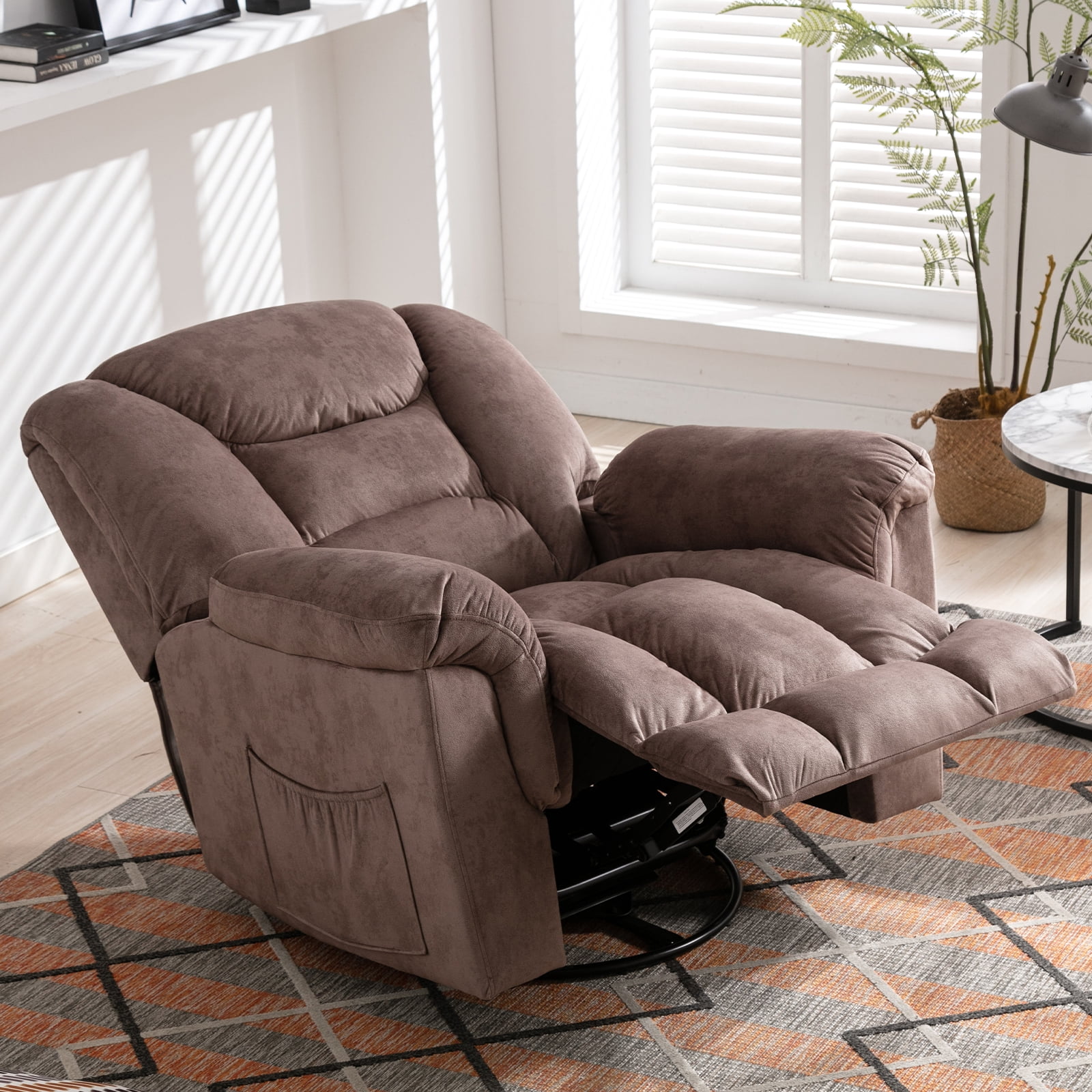 Bonzy Home Manual Swivel Rocker Recliner Chair, Fabric Upholstered Reclining Sofa Chair for Living Room, Brown