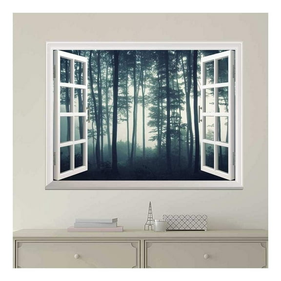 wall26 - Modern White Window Looking Out Into a Dark Foggy Forest - Wall Mural, Removable Sticker, Home Decor - 24x32 inches