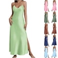 thumbnail image 2 of Bosfbaoi Nightgowns For Women Solid Color Satin Spaghetti Strap Nightgown Deep V-Neck Side Slit Maxi Sleep Dress, 2 of 8
