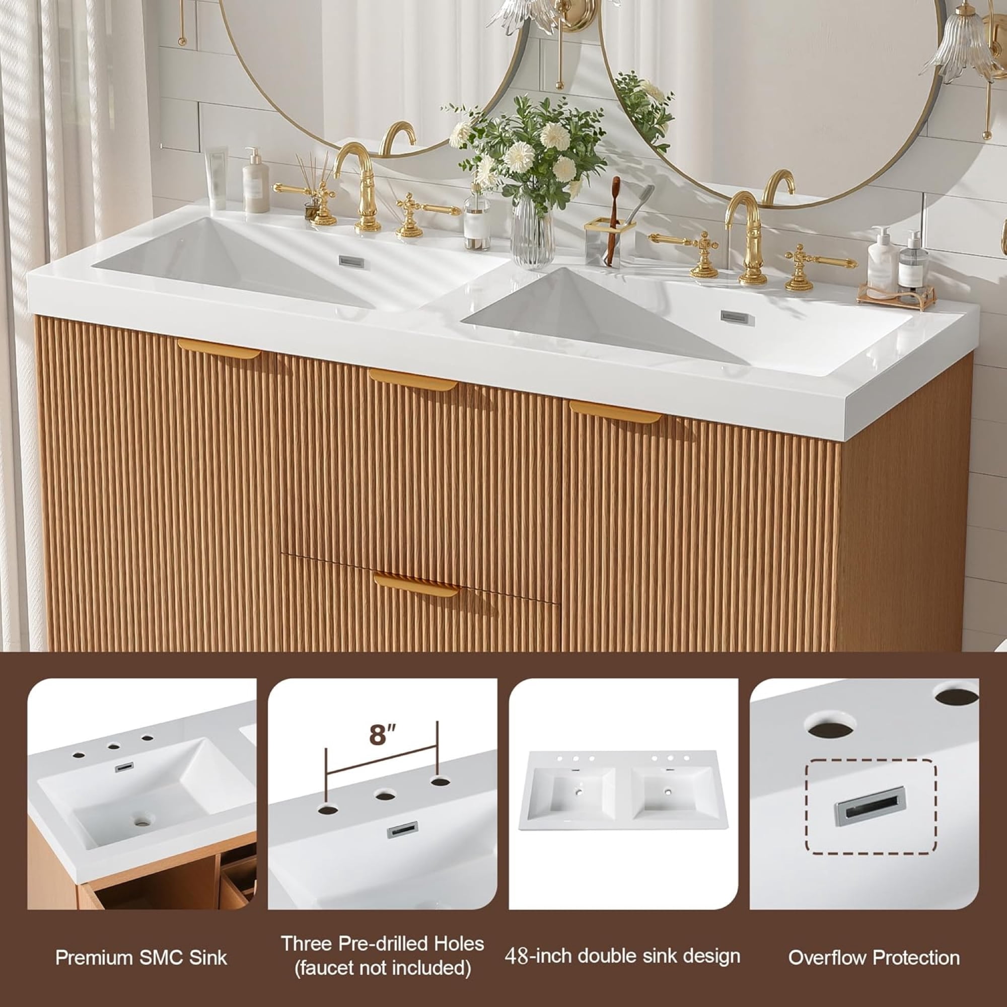 48 inch Bathroom Vanity with Sink Combo, Floating Double Sink Bathroom Vanities with SMC Resin Top, MDF Cabinet with Solid Wood Frame, Wall-Mounted Vanities for Large Bathrooms (48''-Wood)