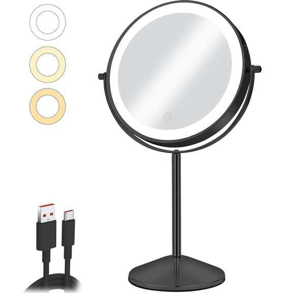 Umirokin 8" Rechargeable Magnifying LED Makeup Mirror, Touchscreen Vanity Lighted, 1x/10x Magnification, 3 Color Adjustable