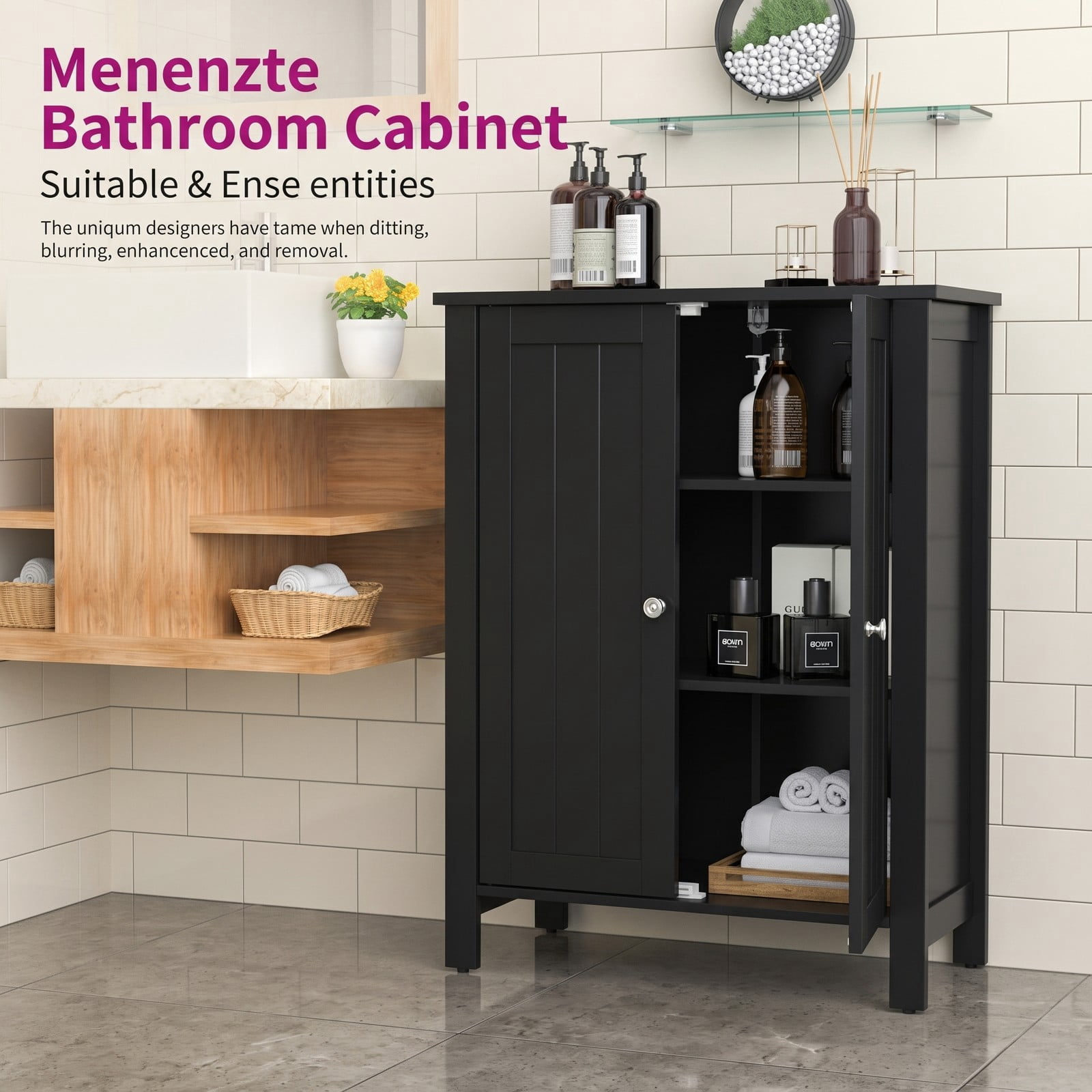Fenbeli 2-Door Bathroom Floor Storage Cabinet, Freestanding Space-Saving Storage Organizer with Adjustable Shelves, Wooden Side Cabinet for Bathroom Laundry, Black