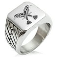 thumbnail image 1 of Stainless Steel Huginn & Muninn Odin's Twin Ravens Geometric Pattern Biker Style Polished Ring, 1 of 1