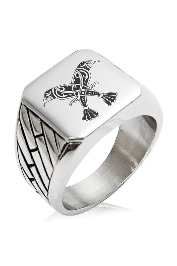 Stainless Steel Huginn & Muninn Odin's Twin Ravens Geometric Pattern Biker Style Polished Ring