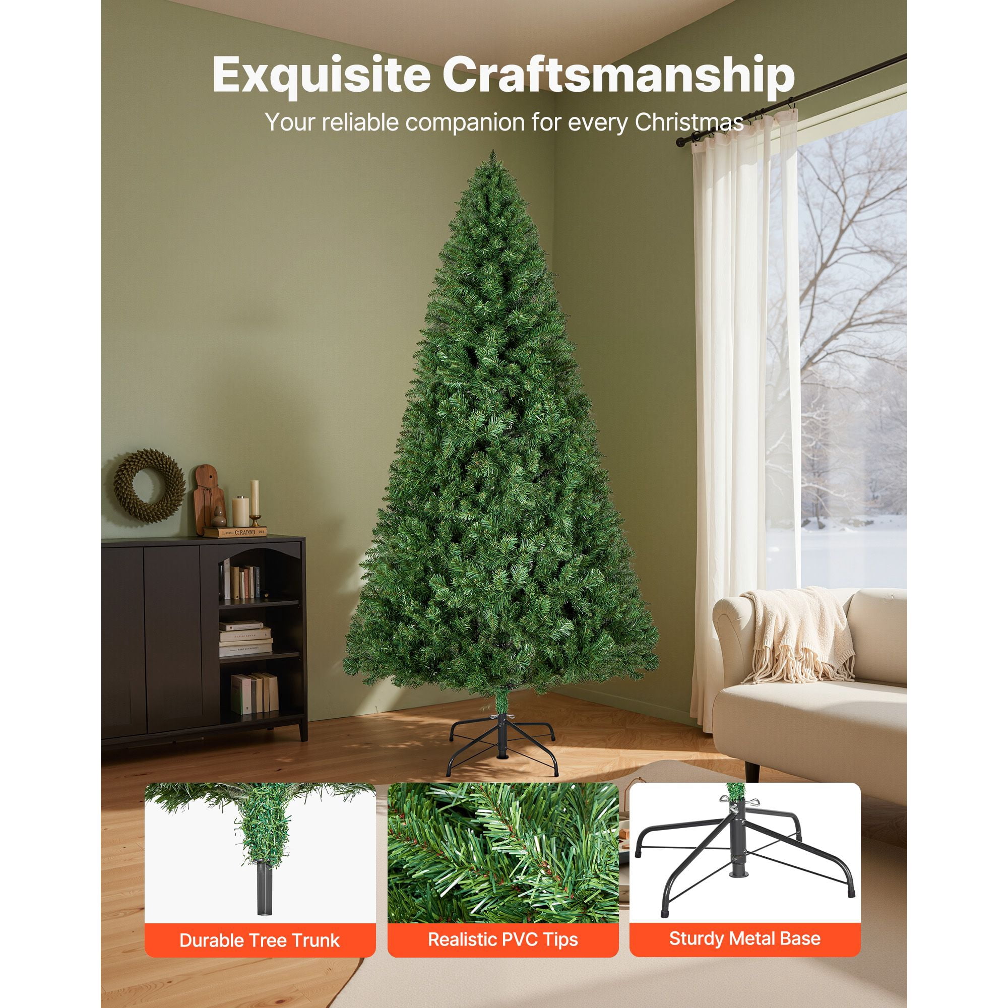 Christmas Tree, 7.2ft Artificial Xmas Tree, Full Holiday Decor Trees with 1346 Branch Tips & Sturdy Metal Base for Home Party Office Decoration