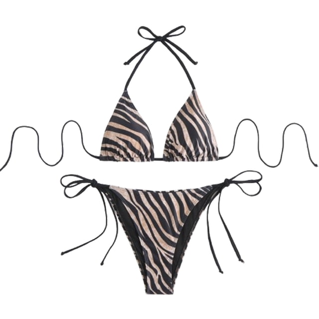 Womens Swimsuits Sexy Striped Printed Halter Neck Backless Separate Bikini Coffee Womens Bathing Suits L