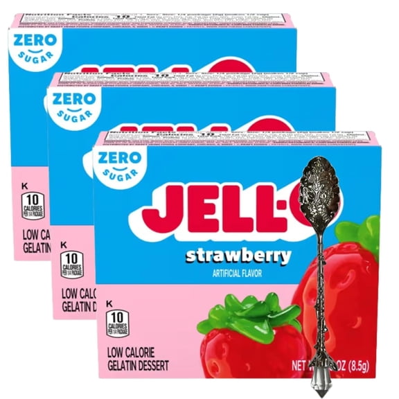 Jεll-0 Gelatin Dessert Mix, 3 oz Box (Pack of 3) with Candy Freezer Gem Spoon (Strawberry Zero Sugar Flavor) - Gem Spoon