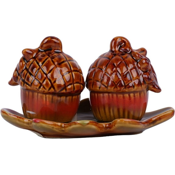 Servette Home Acorn - Fall Salt and Pepper Shaker Set with Leaf Shaped Tray