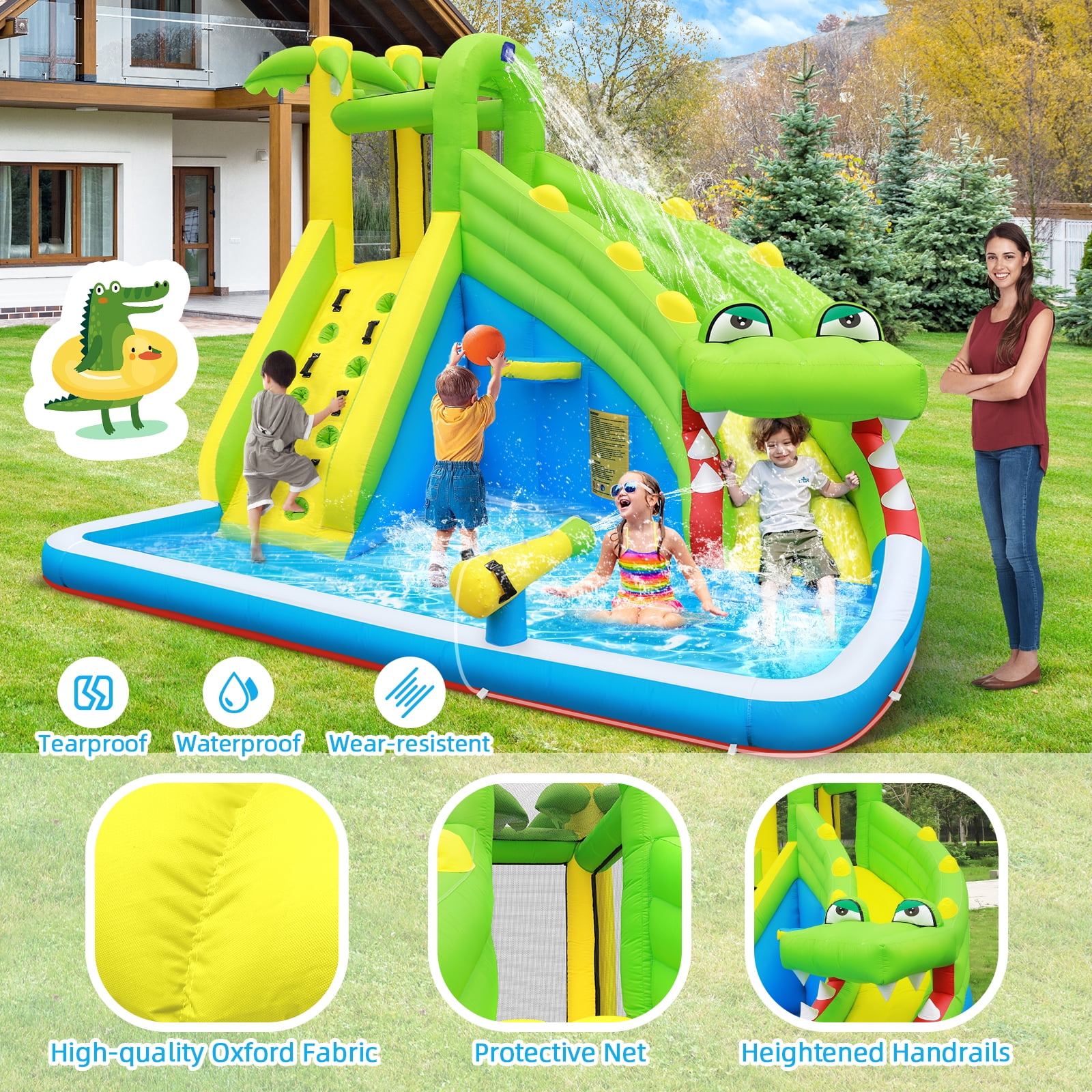 Inflatable Water Slide：5 in 1 Crocodile Bounce House Water Park for Kids - Climbing Wall Splash Pool Water Cannon Basketball Rim - 480W Blower - for Indoor Outdoor Backyard Birthday Party